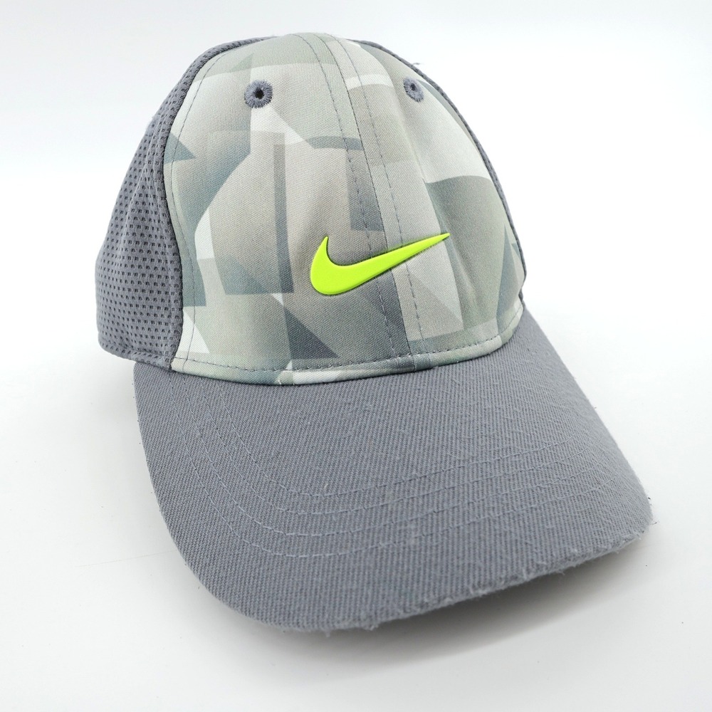Nike True Baseball Cap Gray Geometric Print Neon Green Swoosh Kids 4-7